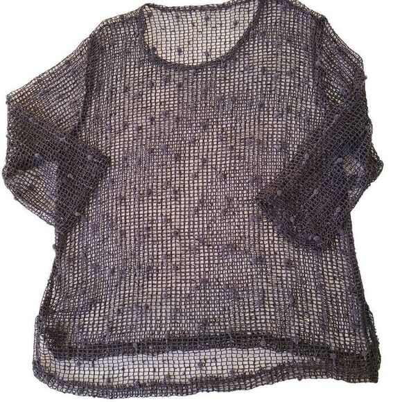 Womens Knit-Braid Perforated Gray Fishnet Top Large - Picture 2 of 9
